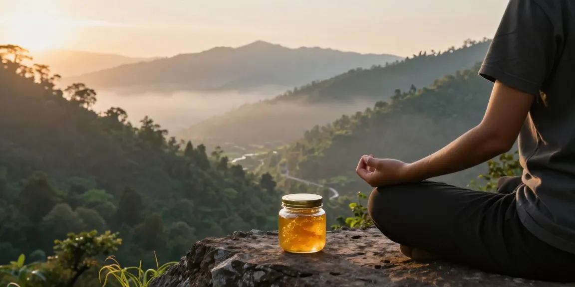 Himalayan Shilajit resin beside a meditating person in serene mountain landscape.