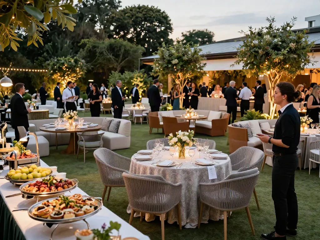 Event furniture rental setup featuring elegant lounge seating and stylish decor for a twilight gala.