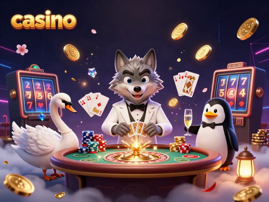 Experience exciting gameplay at the casino with a charming wolf, elegant swan, and penguin waiter.