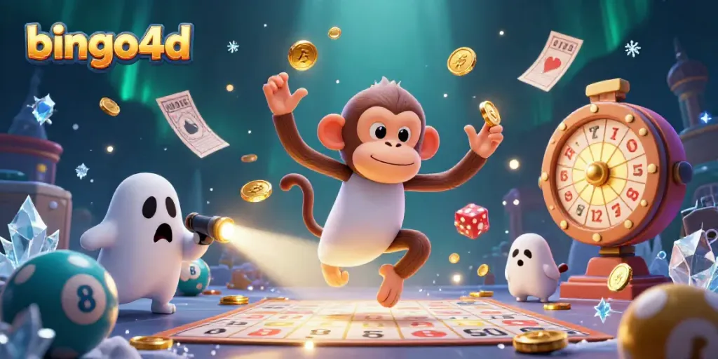 Menggenggam emas, karakter bingo4d beraksi di arena dengan koin dan kartu.