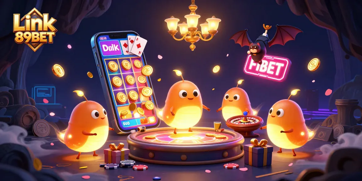 Experience the excitement of Link 89BET with a vibrant cave casino illustration featuring animated characters.