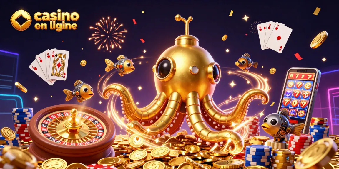 Profitez de l'expérience casino en ligne avec un kraken doré et des pièces qui volent autour.