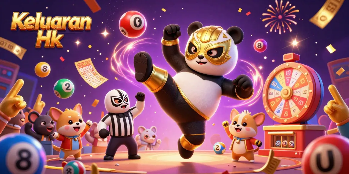Keluaran Hk showcases an action-packed scene with a wrestling panda, referee chihuahua, and vibrant lottery elements.