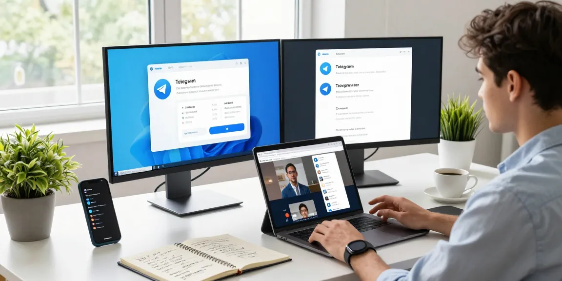 Reviewing Telegram Chinese 2026 features in a modern tech workspace with multiple gadgets.