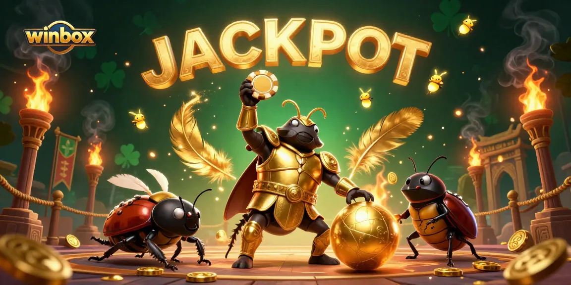 Winbox animation featuring a heroic beetle celebrating a jackpot win amidst vibrant casino elements.