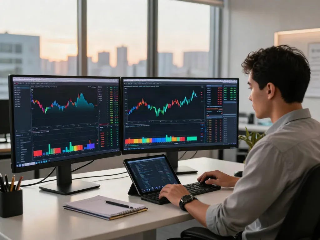 Focused trader using TradingView charts in a modern office setting.