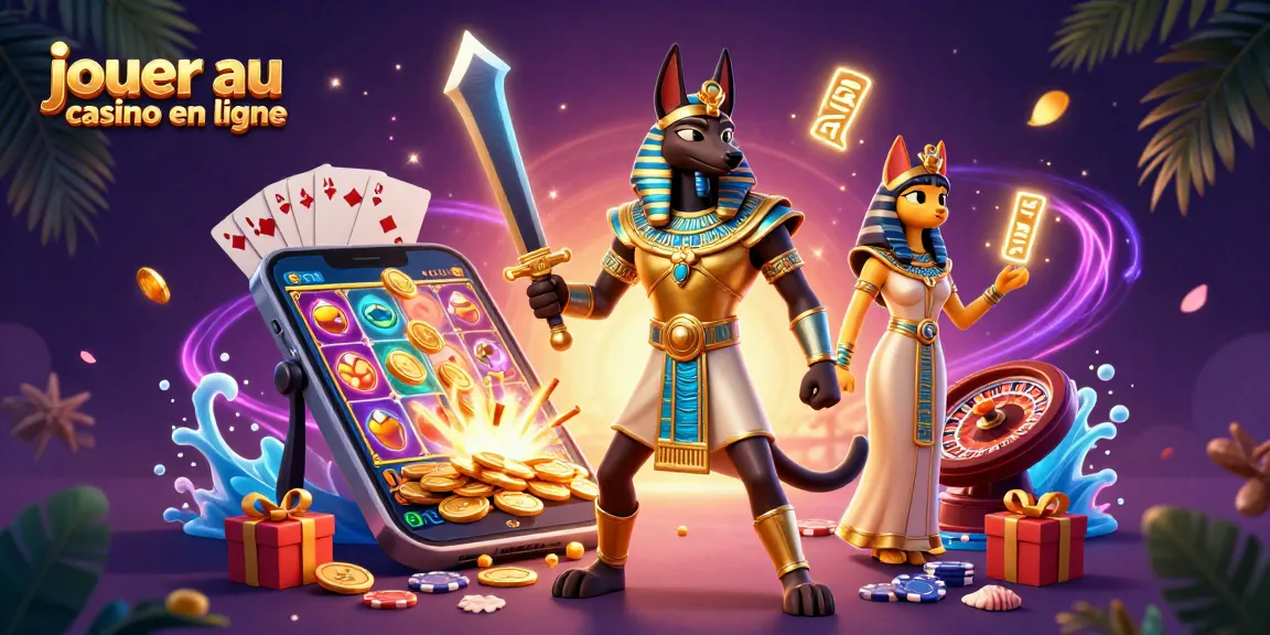 jouer au casino en ligne avec Anubis et Bastet dans une scène dynamique pleine de jeux et de trésors