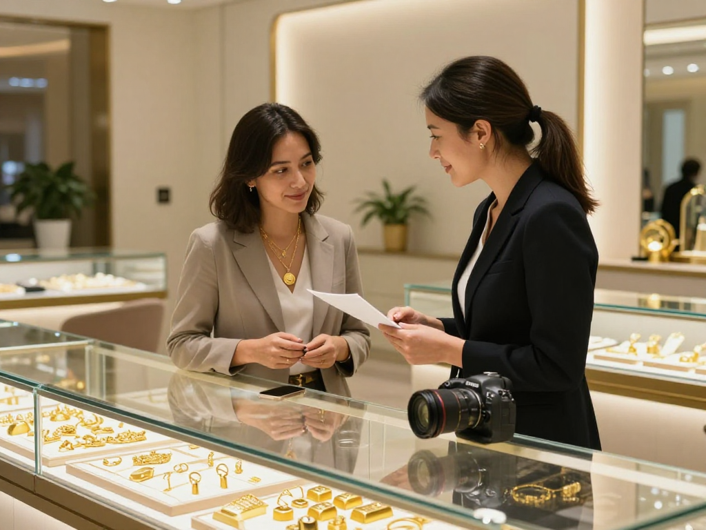 Customer exploring jewelry at https://bahraingoldprices.com/ showcasing 24K gold pieces in a luxurious setting.
