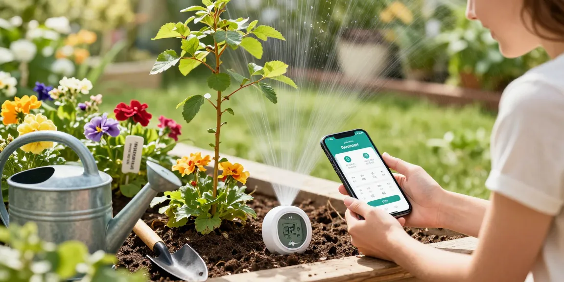 Setting up the rainpoint sprinkler timer in a vibrant garden with blooming flowers.