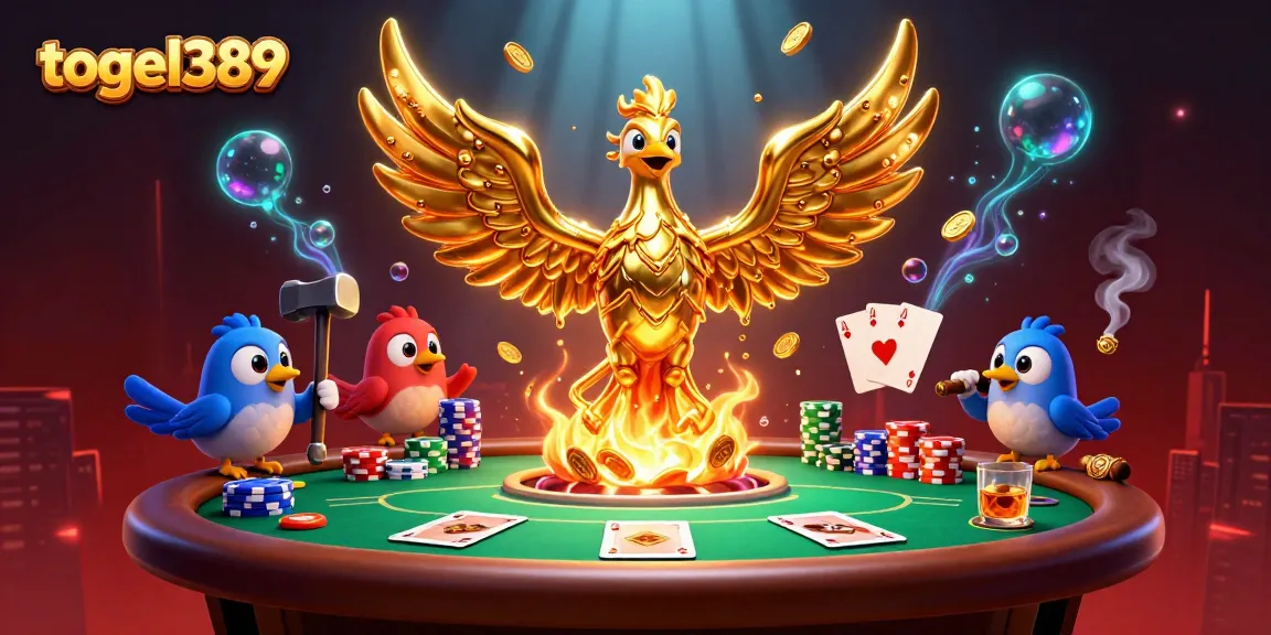 Engage with the vibrant scene showcasing togel389, featuring a golden phoenix and interactive poker elements.
