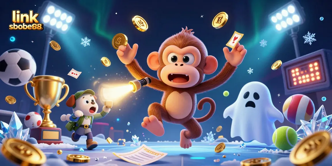 Experience the thrill of betting with link sbobet88 as a mischievous monkey juggles golden objects in a haunted casino.