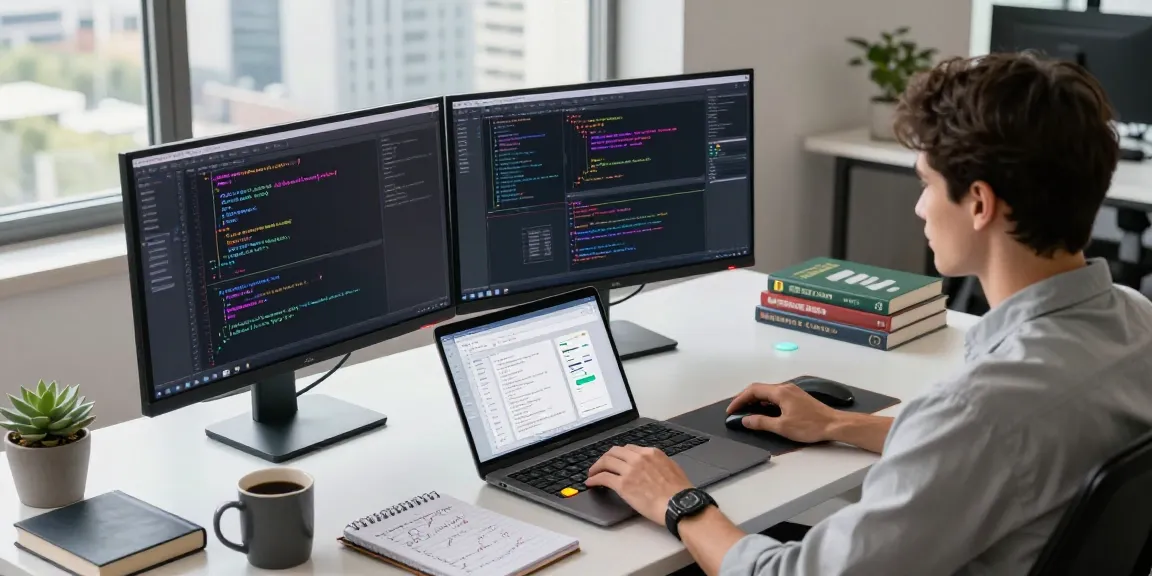 Dynamic workspace showcasing cika4d software development with modern tech setup.