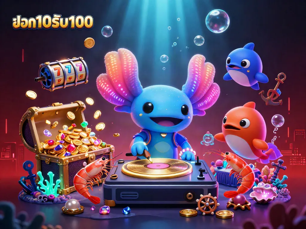 ภาพที่แสดงถึงโปรโมชั่น ฝาก10รับ100 ที่ดึงดูดในบรรยากาศใต้ทะเล โดยมีการตั้งวงดนตรีที่มีตัวละครน่ารักและสวนที่สวยงาม.