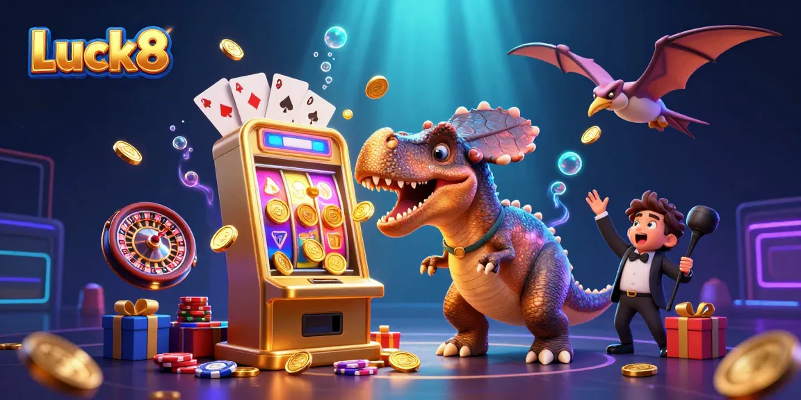Luck8 features a pachycephalosaurus winning jackpot coins at a slot machine surrounded by vibrant gambling elements.