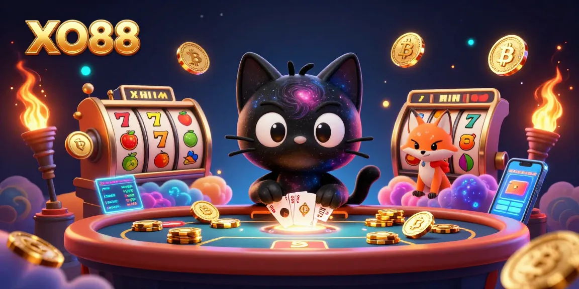 Experience thrilling moments at XO88 casino with vibrant visuals of slots and cryptocurrency elements.