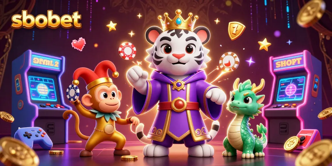 Bet with sbobet in a vibrant scene featuring a royal tiger, jester monkey, and dragon statue.