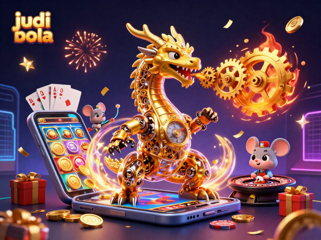 Experience judi bola action with this ultra-detailed illustration showcasing a golden dragon and dynamic game elements.
