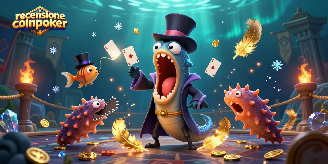 La recensione coinpoker mostra un'illustrazione 3D di un gruppo di creature marine che eseguono trucchi di magia in un'atmosfera di poker spettacolare.