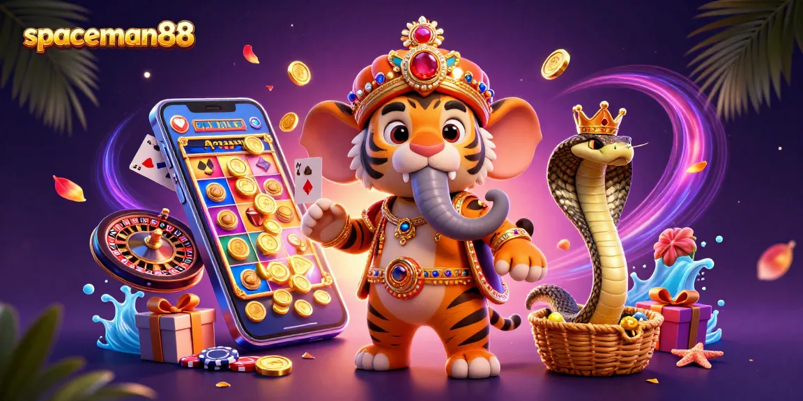 Experience the adventure of spaceman88 with vibrant slot games and treasure in this colorful illustration.