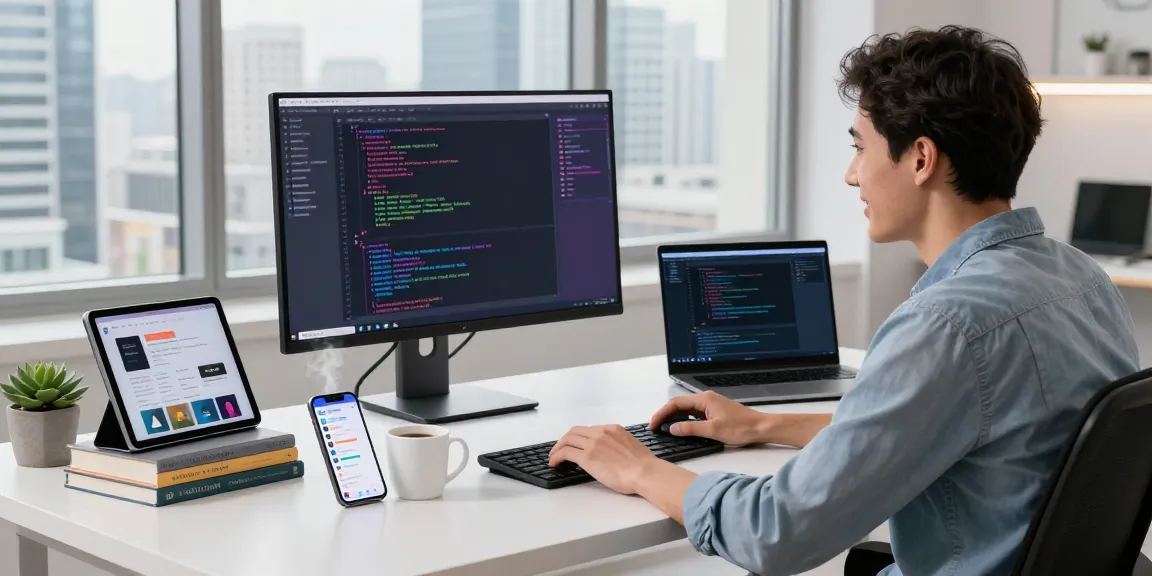 Dynamic developer workspace showcasing telegraimin.com app development with coding highlights.
