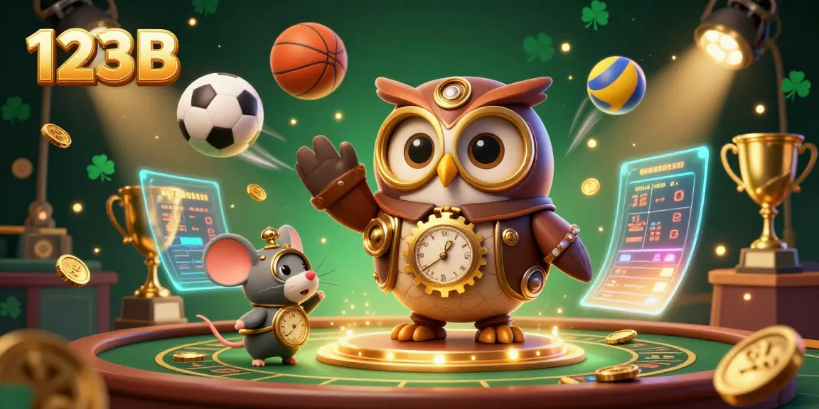 Interactive 3D illustration featuring 123B's time-traveling owl and sports betting elements, highlighting thrilling gambling action.