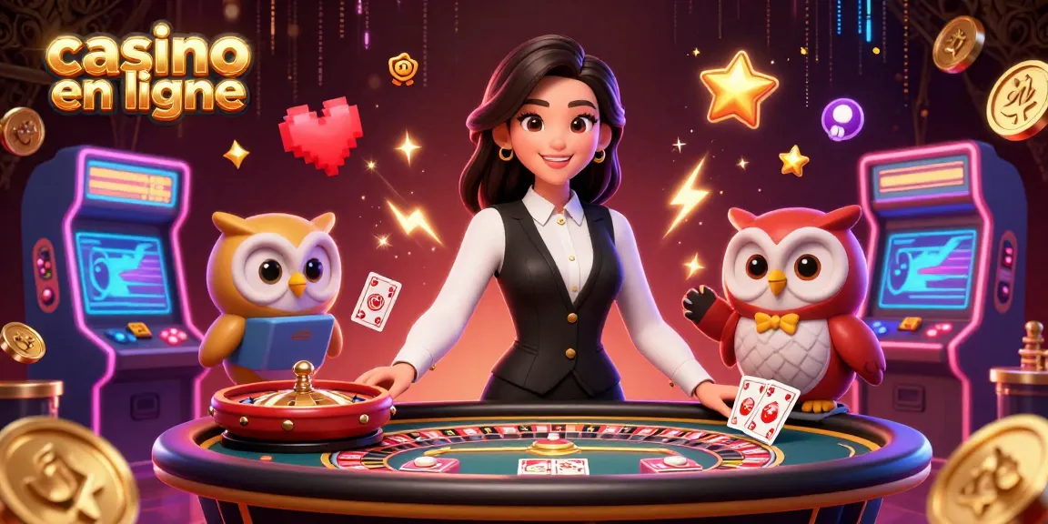 Découvrez l'excitation du casino en ligne avec une illustration 3D dynamique mettant en scène des croupiers et des jeux palpitants.