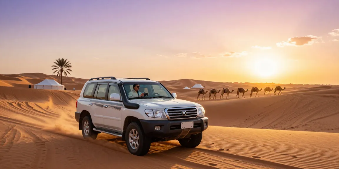 A desert safari adventure with a rugged SUV navigating sandy dunes at sunset, captivating view featuring the keyword slot for thrilling exploration.
