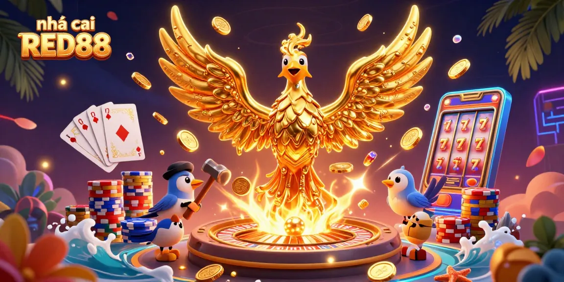 Experience thrill with nhà cái RED88 as it showcases a majestic phoenix of gold enveloped in casino riches.