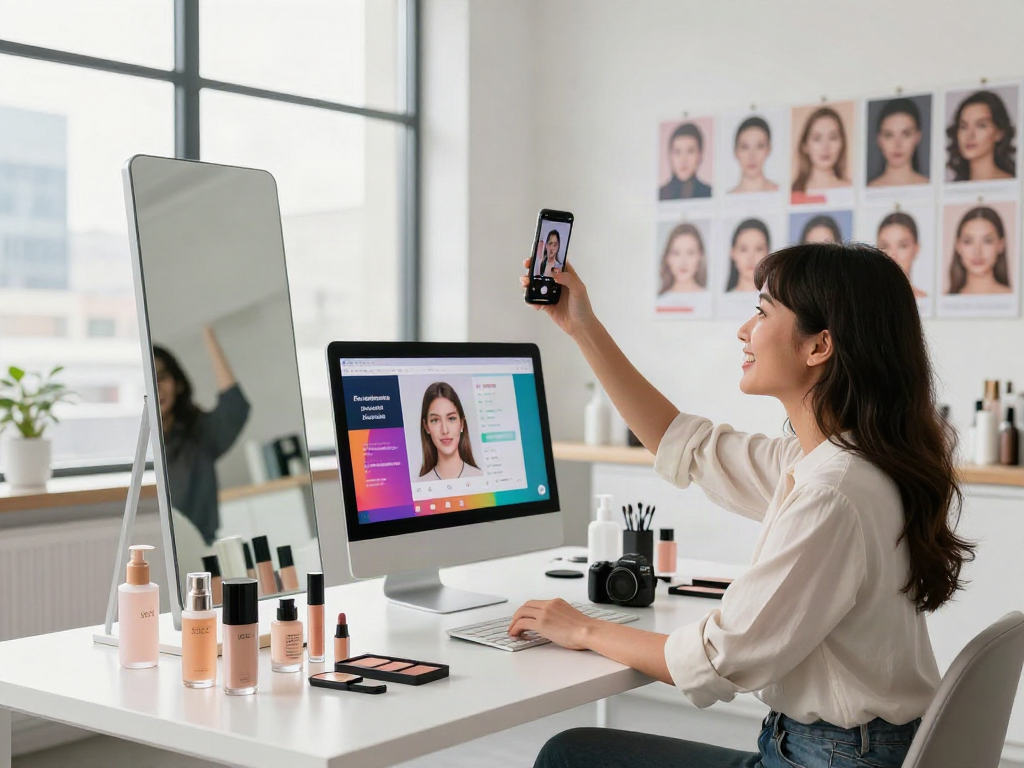 Individual engaging in an attractive test with AI technology in a modern beauty studio, reflecting a vibrant atmosphere.