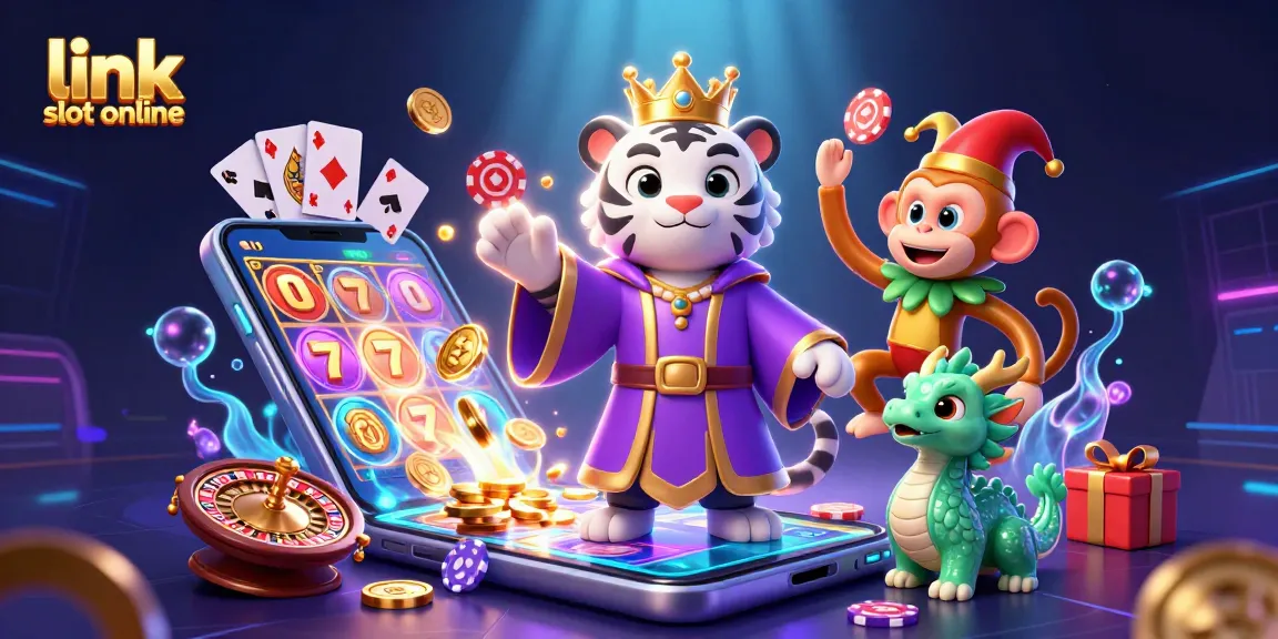 Rasakan kegembiraan dengan link slot online; sebuah adegan cerah yang menampilkan harimau, monyet, dan naga giok dikelilingi oleh elemen kasino.