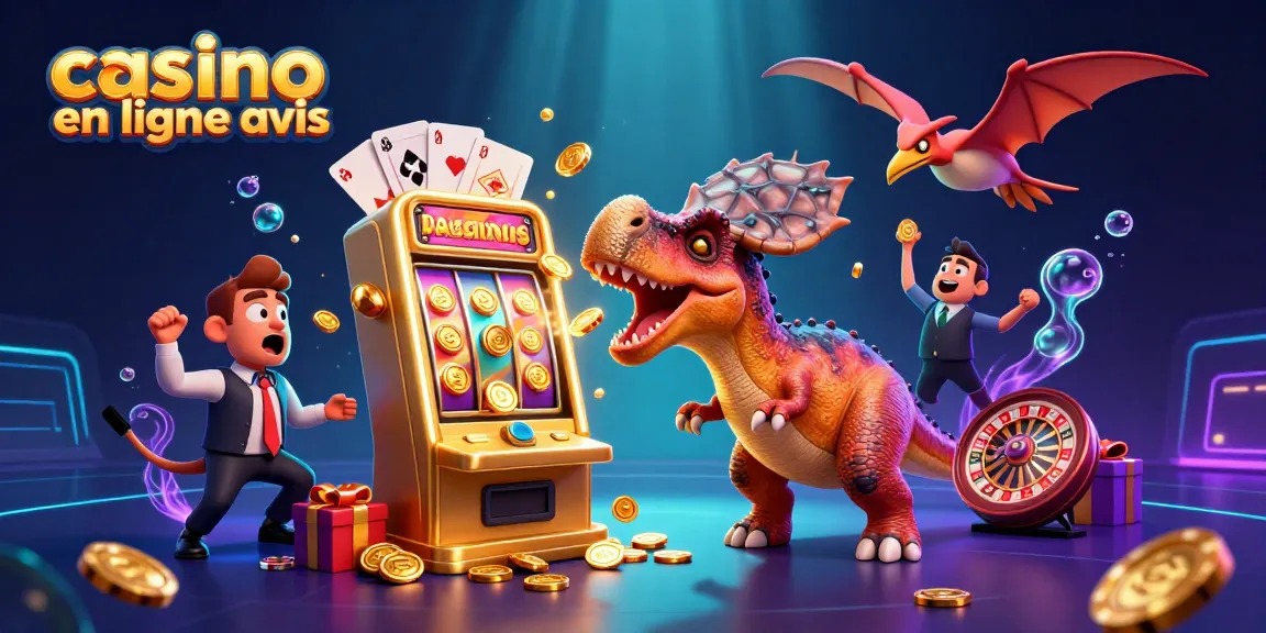 Casino en ligne avis : illustration colorée de dinosaures dans un cadre de casino dynamique.