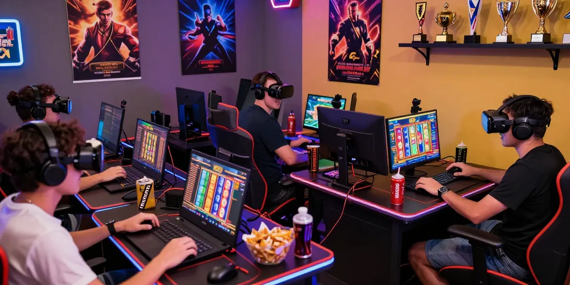 Players enjoying a thrilling game of slot gacor online with vibrant visuals and modern gaming equipment.