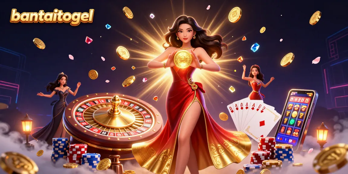 Bantaitogel illuminates the casino scene with a stunning Asian woman holding a golden coin amidst a shower of gems and coins.