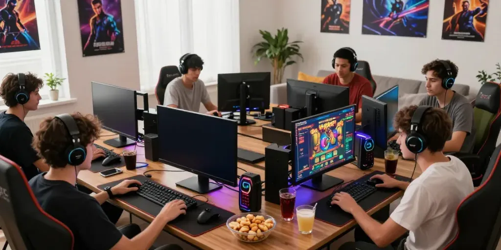 Players enjoying thrilling slot gacor games in a vibrant home gaming setup.