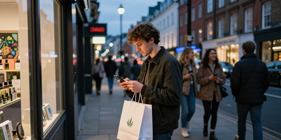 How Can I Buy High THC Potent Weed In London Discreetly? Urban shopper discreetly browsing cannabis products on a mobile device in London's vibrant streets.