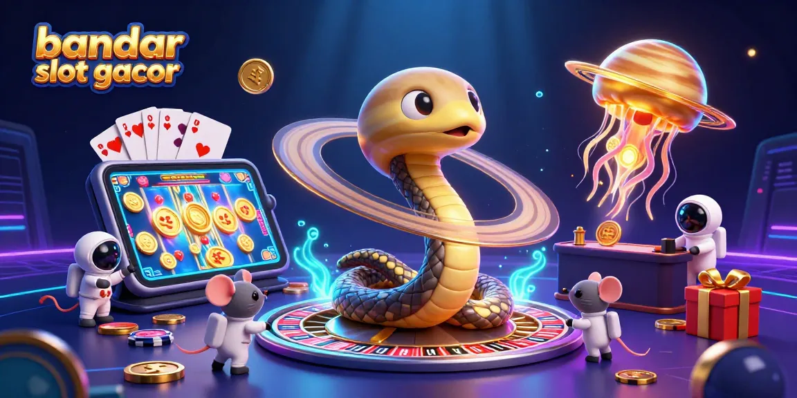 Gambar bandar slot gacor yang memikat dengan simbol slot dan pemain beraksi dalam suasana kasino futuristik