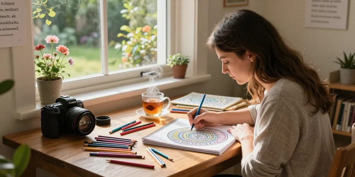 Coloring for stress relief in a serene home art studio with a woman focused on a mandala.