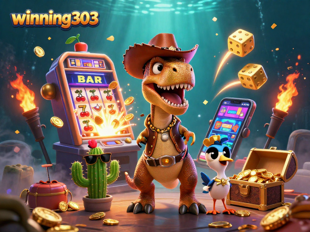 Experience the excitement of winning303 with vibrant characters amidst the jackpot slots and dynamic casino action.