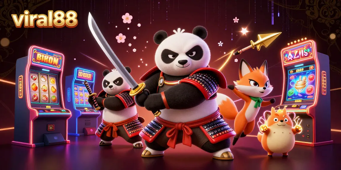 Spin the slots with viral88: a dynamic 3D panda samurai and ninja fox in a vibrant gaming scene.