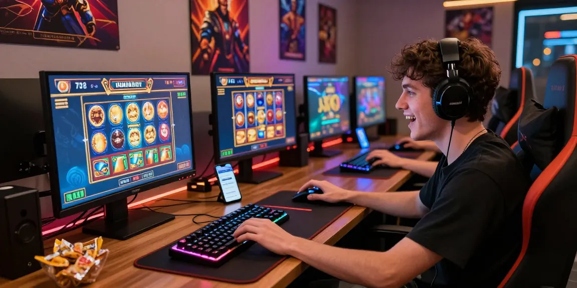Exciting online gaming setup showcasing Daftar Dominobet with vibrant screens and gaming gear.