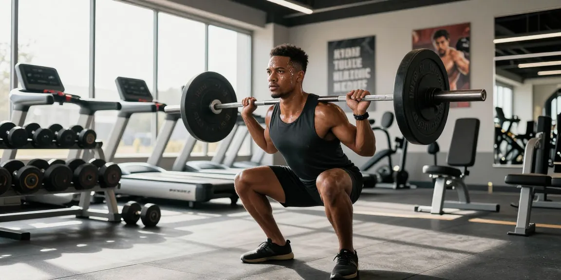 Athlete in a gym performing squats representing Deus Medical Shop's quality fitness products.