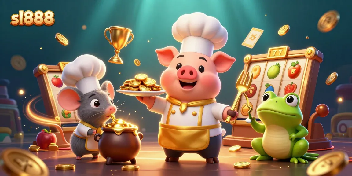 Spin to win with sl888; vibrant 3D casino scene showcasing cartoon characters and slot reels.