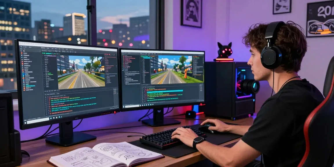 FiveM assets configuration scene with a developer coding scripts in a vibrant gaming workspace.