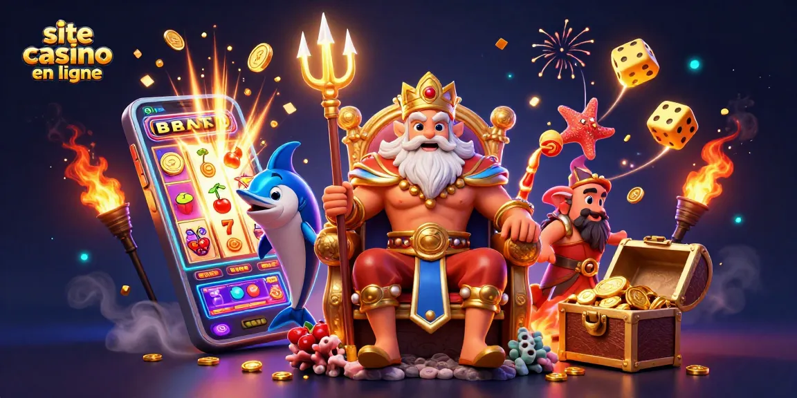 Le roi Neptune dans le site casino en ligne avec des éléments de jeux, une machine à sous et des symboles colorés.
