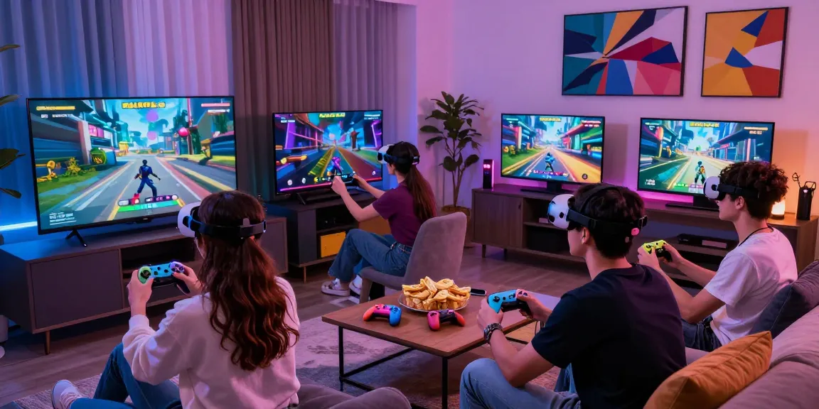 Friends enjoying an immersive pakde4d gaming session in a modern living room.
