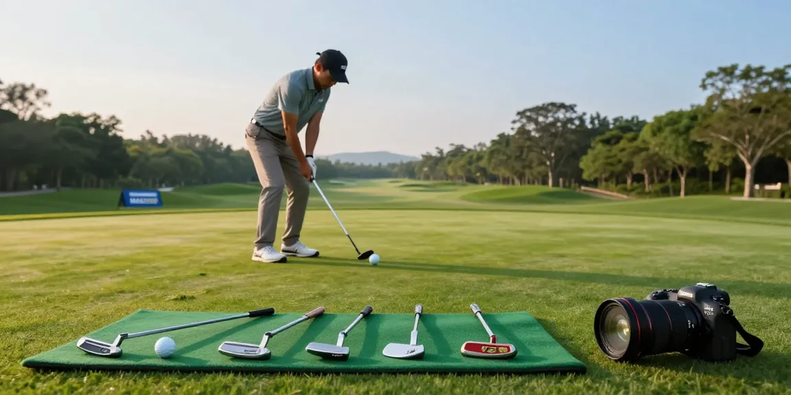 Latihan putt di https://puttperfection.com/putter-reviews dengan seorang pegolf dan berbagai jenis putter.