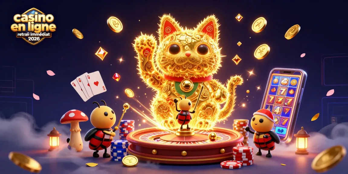 Des feux follets en forme de chat porte-bonheur au casino en ligne retrait immédiat 2026, entourés de pièces d'or et de cartes.