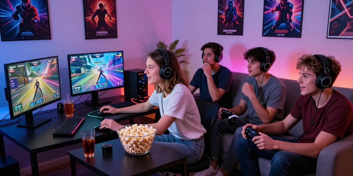 Friends gaming together on 7meter platform in a cozy room